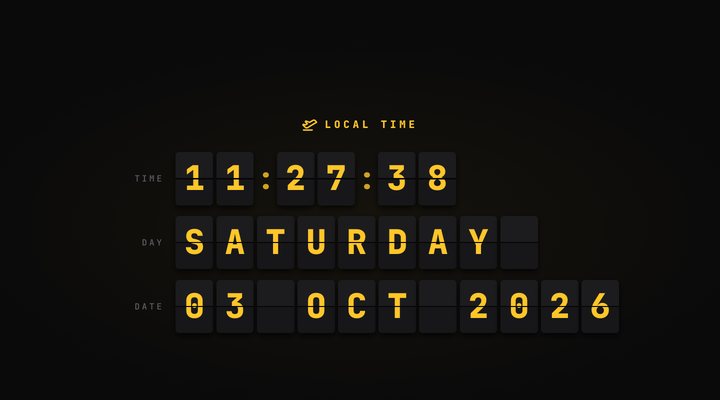 The Departures flip clock style, an airport board in yellow on black